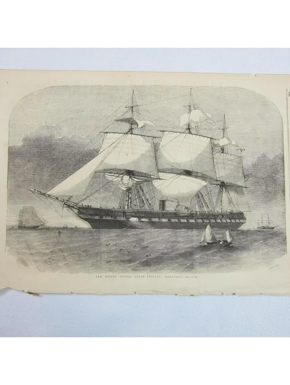 Antique 1856 Print The United States Steam Frigate Merrimack Naval Ship Seascape